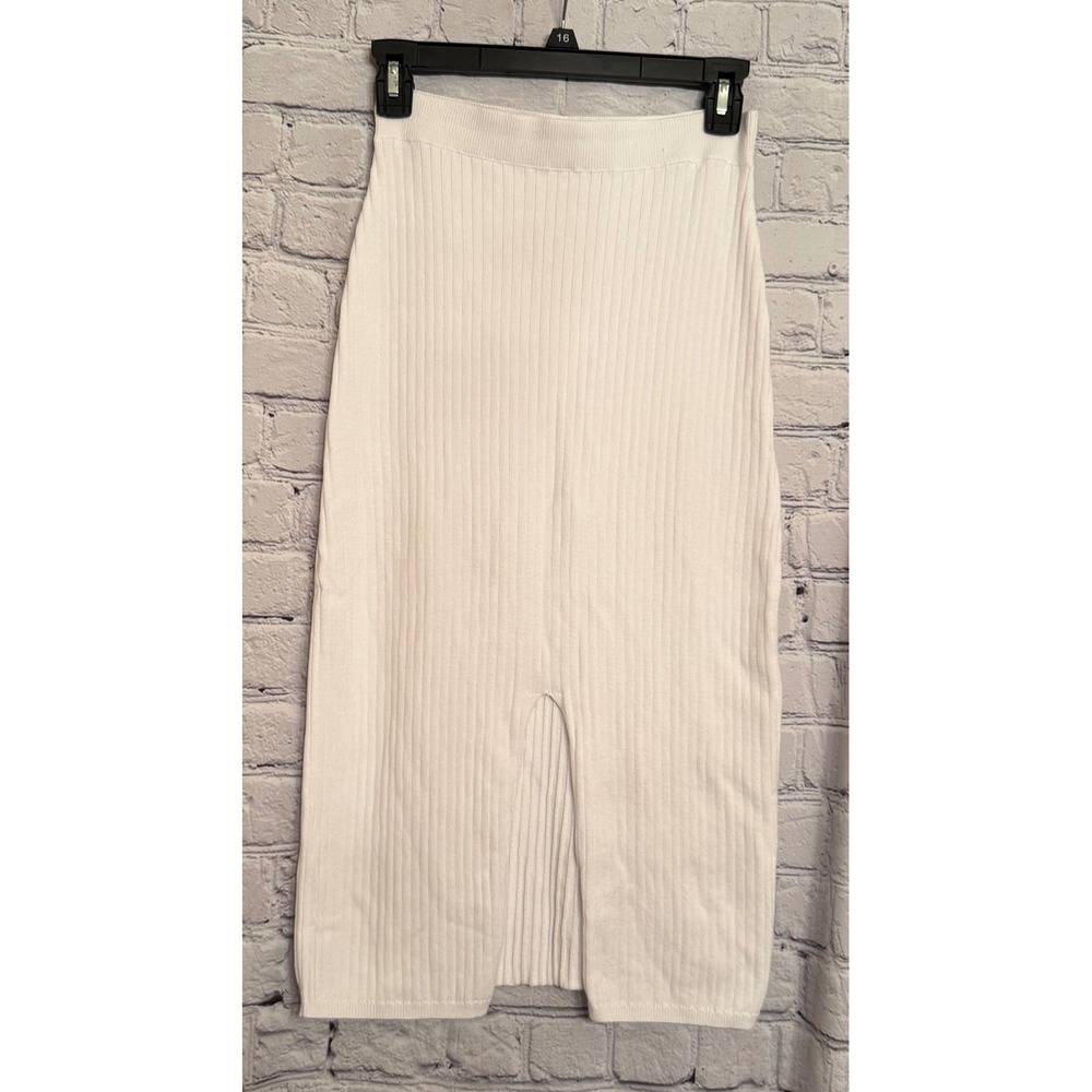 Free People White‎ Ribbed Knit Midi Skirt with Front Slit Womens Size Small